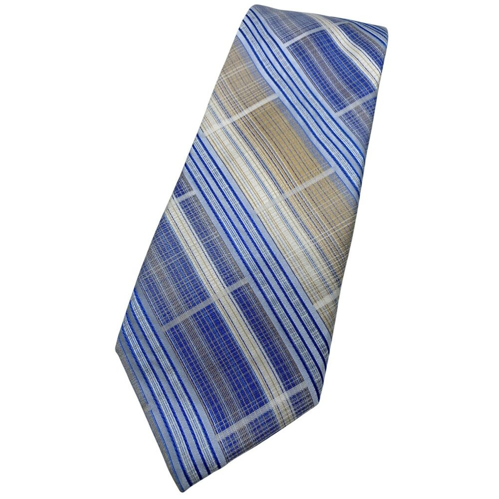 Bruno Piattelli Striped Blue Tan Retro MCM Silk Neck Tie Luxury Vintage Mens